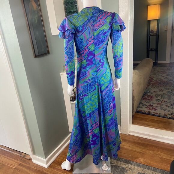 Vintage 70s Gay Gibson Psychedelic Ruffle Flutter Sleeve Maxi Dress Abstract S/M - Picture 12 of 15